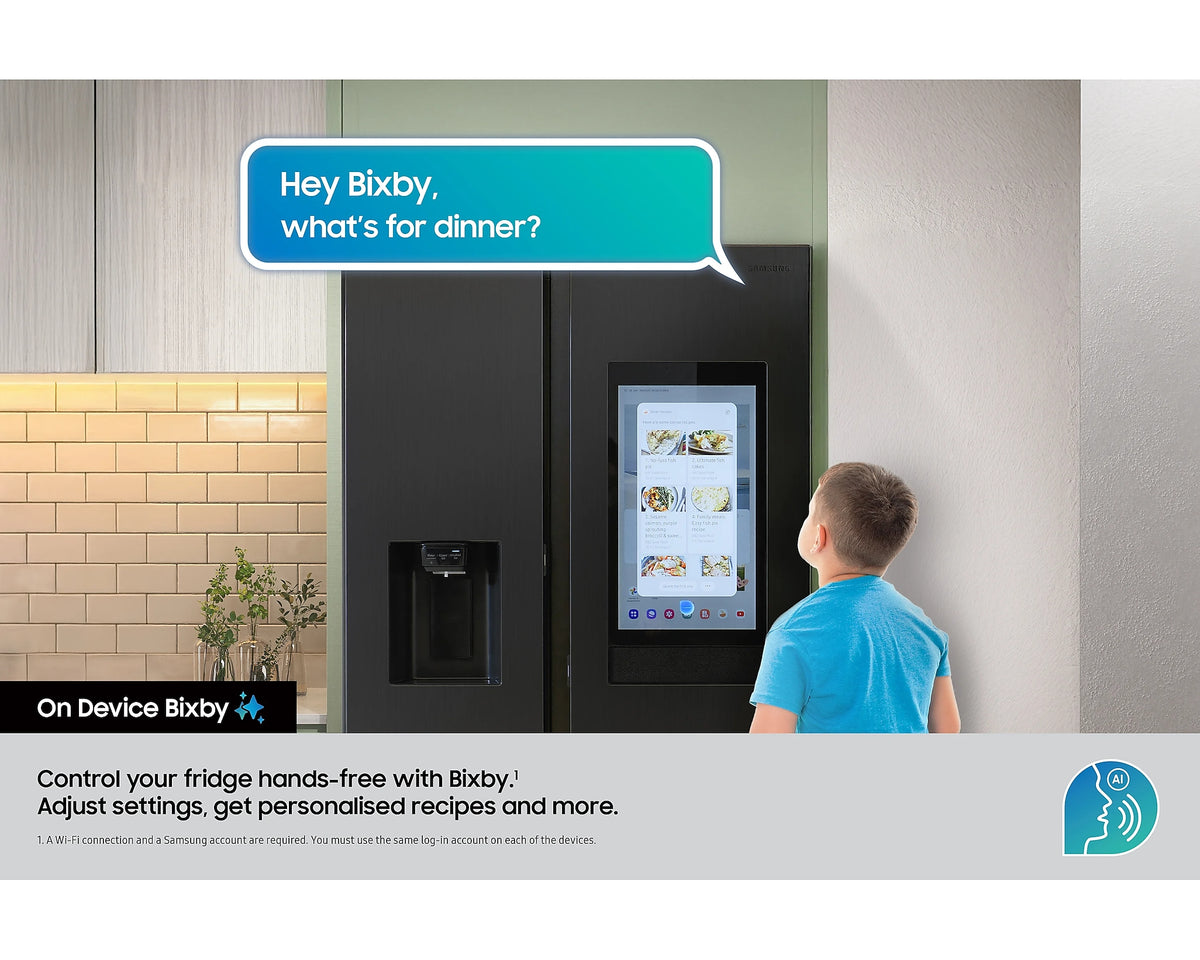 Samsung Smart SBS Family Hub fridge freezer in black with touchscreen display and water dispenser, child interacting.