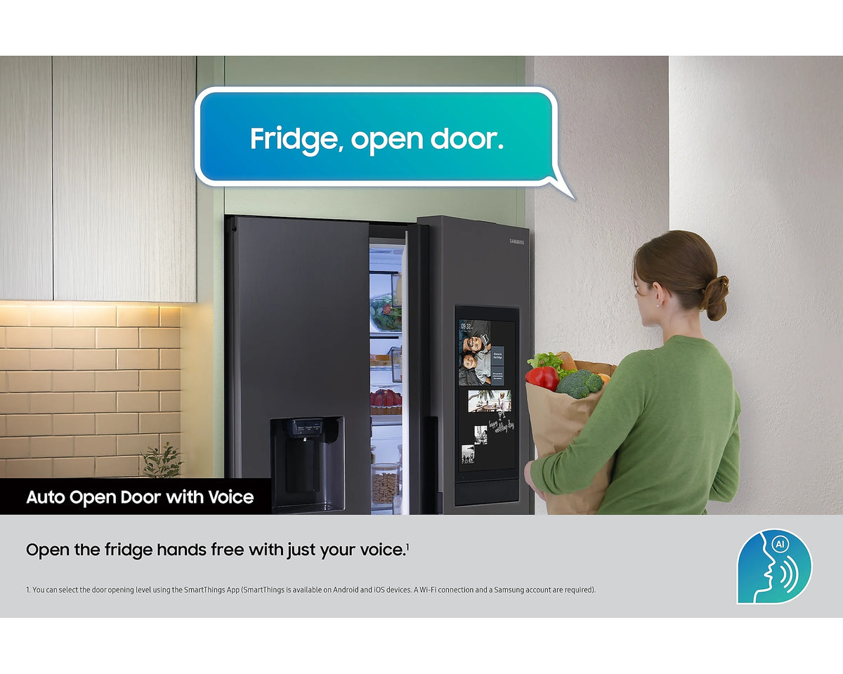Samsung Smart SBS Family Hub fridge freezer in black with open door and woman holding groceries nearby