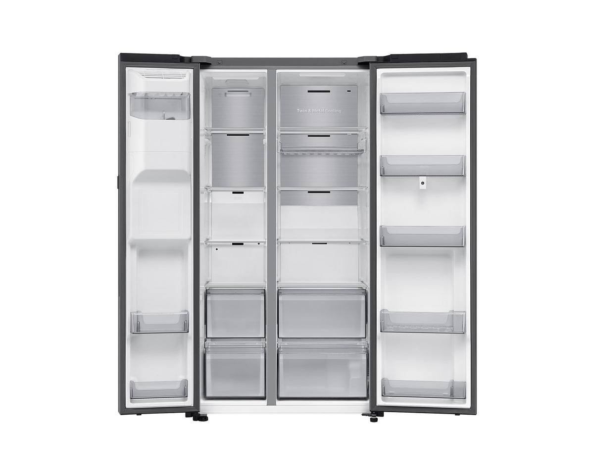 Samsung Smart SBS Family Hub fridge freezer with open doors showing empty shelves and compartments in silver finish.