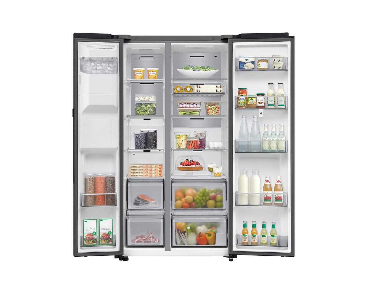 Samsung Smart SBS Family Hub fridge freezer open, showing organized shelves with food and drinks inside.