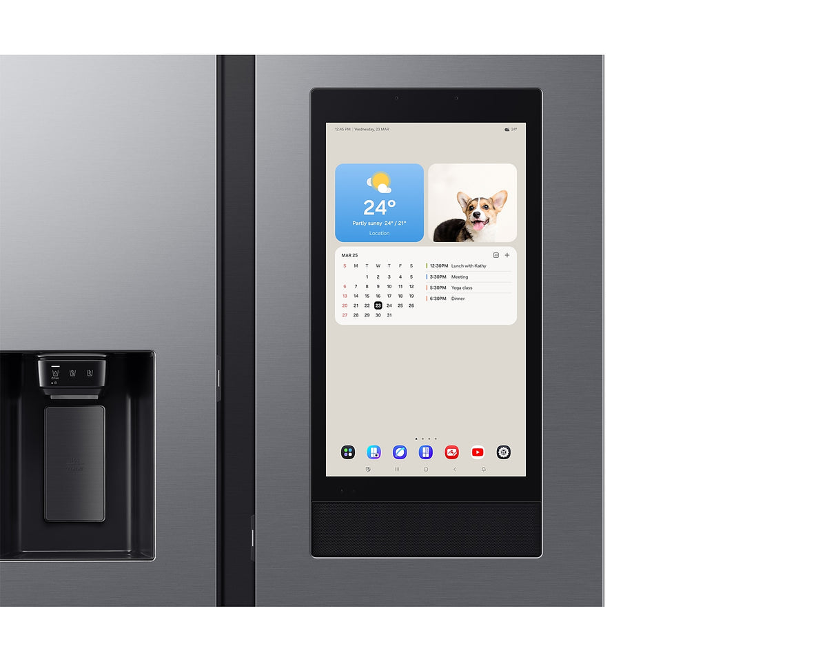 Samsung Smart SBS Family Hub fridge freezer in silver with touchscreen displaying weather, calendar, and photo.