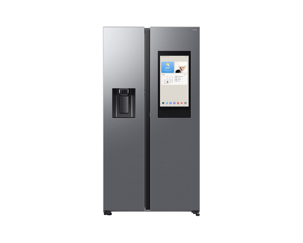 Samsung Smart SBS Family Hub fridge freezer in silver with touchscreen and water dispenser on front doors.
