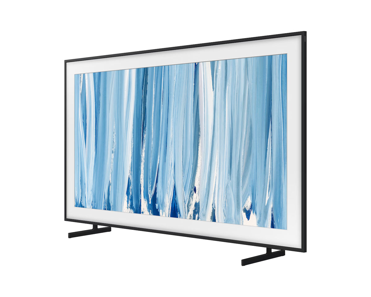 Samsung 55" The Frame Pro Neo QLED 4K TV showing abstract blue and white artwork on screen, angled view.