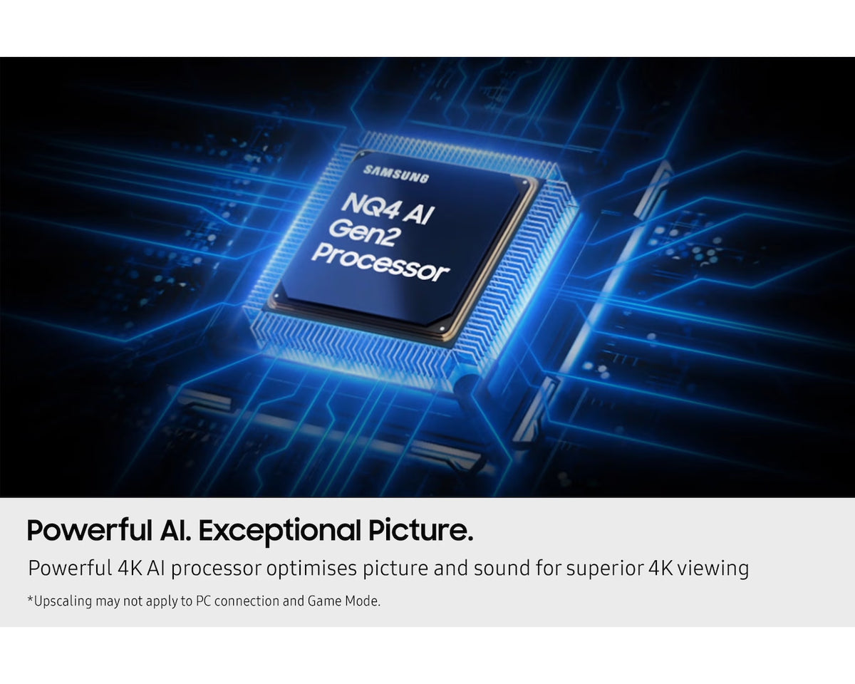 Close-up of Samsung NQ4 AI Gen2 Processor chip with blue circuit lines, highlighting 4K AI processing power.