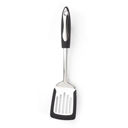 Professional non-scratch stainless steel slotted turner with soft grip, silicone edge, 35cm, dishwasher safe – Keans