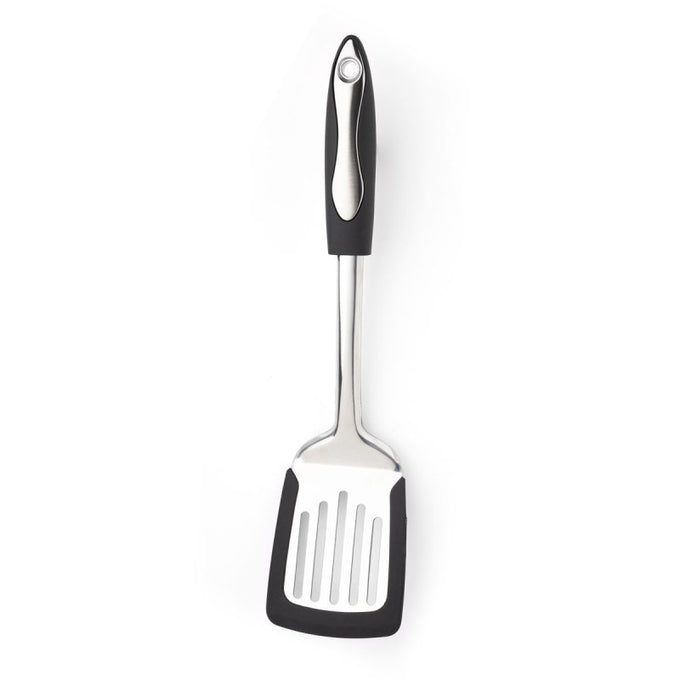 Professional non-scratch stainless steel slotted turner with soft grip, silicone edge, 35cm, dishwasher safe – Keans