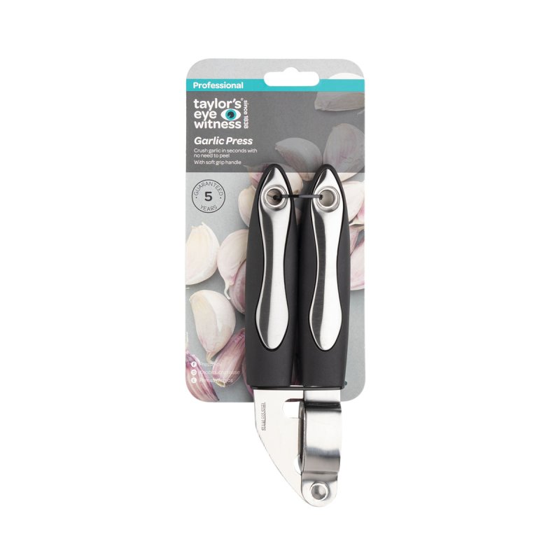Professional Soft Grip Garlic Press with ergonomic handle for easy crushing – available at Keans Claremorris.