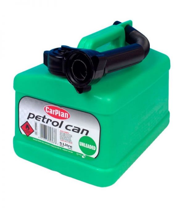 Green 5 litre plastic petrol can with nozzle for fuel storage – available at Keans Claremorris.