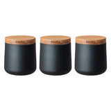 Denby 3-piece black matt steel storage canisters with Acacia wood lids, airtight seal, 700ml each, at Keans Claremorris.