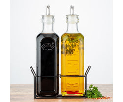 Set Of 2 Oil Bottles & Metal Rack 0.6 Litre