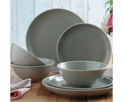 William Mason Grey 12-piece dinner set with modern design, durable stoneware – available at Keans Claremorris.