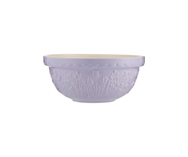 Tulip Lilac Mixing Bowl with embossed floral pattern and scalloped rim, shown from the side on white background