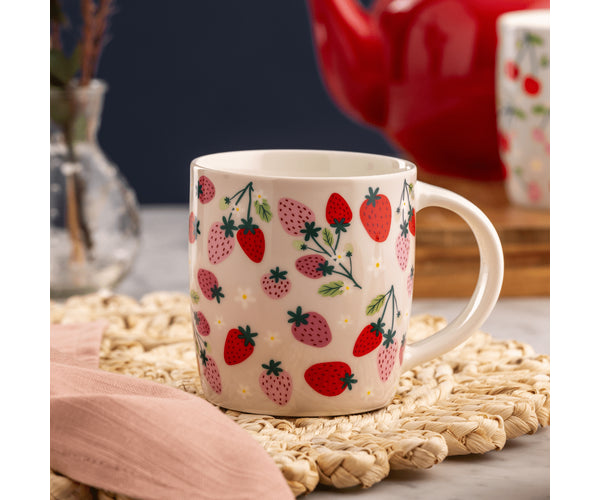Strawberries Mug 340ml with vibrant fruit design, perfect for hot beverages – available at Keans Claremorris.