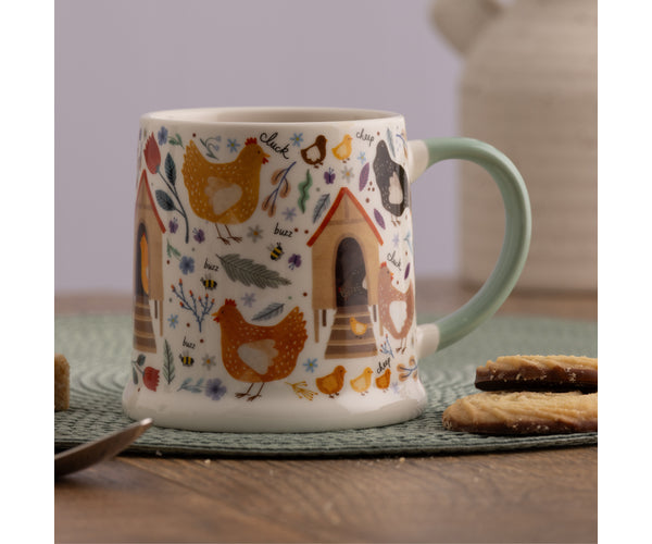 Chicken Coop Mug 380ml ceramic coffee cup with chicken design, available at Keans Claremorris store.