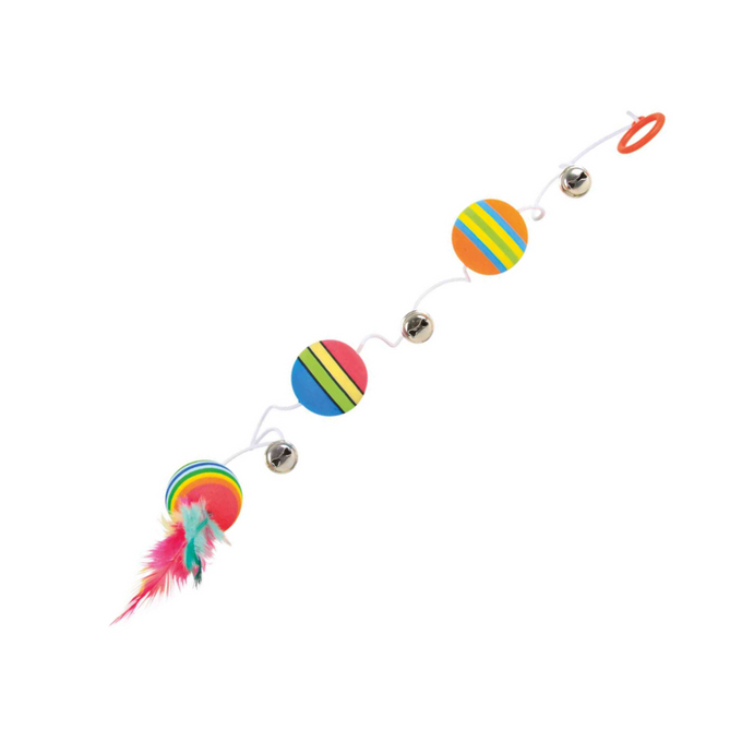 Rainbow Balls On Elastic String cat toy with bells, 80cm long, 3.5cm balls, interactive play by Keans Claremorris