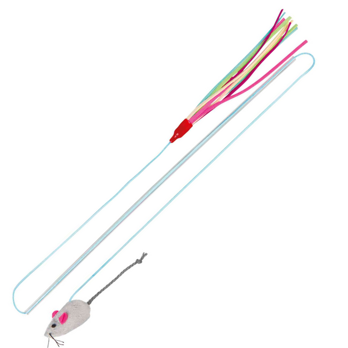 Playing Rod with 2 Toys - mouse and colorful strings with catnip, flexible 40cm stick for cats by Keans Claremorris