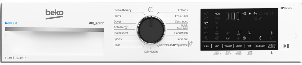 Control panel of Beko 12kg 1400 washing machine with program dial and digital display in white finish