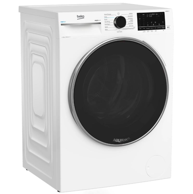Beko 12kg white washing machine with black circular door and digital control panel on top right