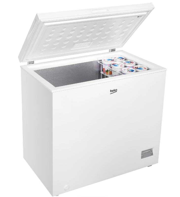 Beko white chest freezer with open lid showing interior and six ice cream tubs in a wire basket.