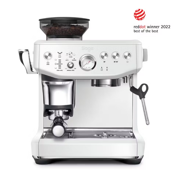 Sage Barista Express Impress espresso machine in Sea Salt White with integrated grinder, steam wand, and 2L tank – Kean’s