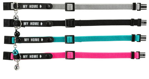 Cat Collar with address tag, adjustable nylon, snap buckle, bell, multiple colors – Keans Claremorris.