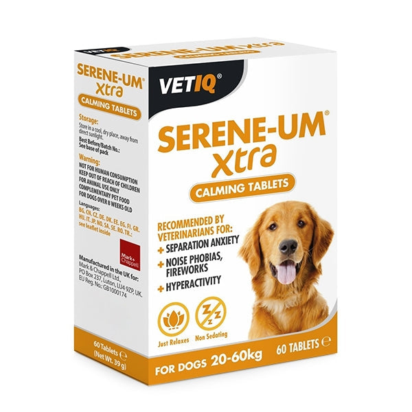 Vetiq Serene-um Xtra Calm Tablets for dogs 20-60kg, natural stress relief, no sedation – available at Keans Claremorris.