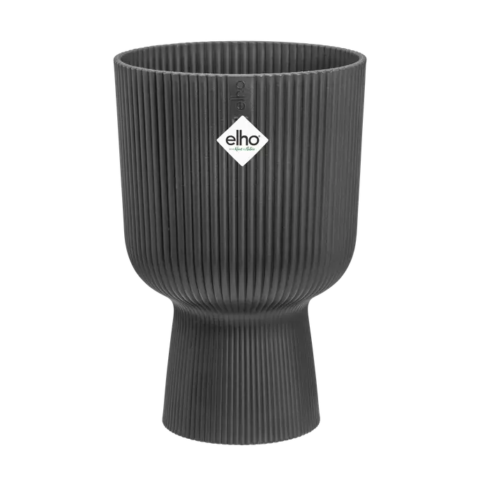 Anthracite Elho Vibes Fold Coupe indoor flowerpot with vertical ribbed texture and pedestal shape.