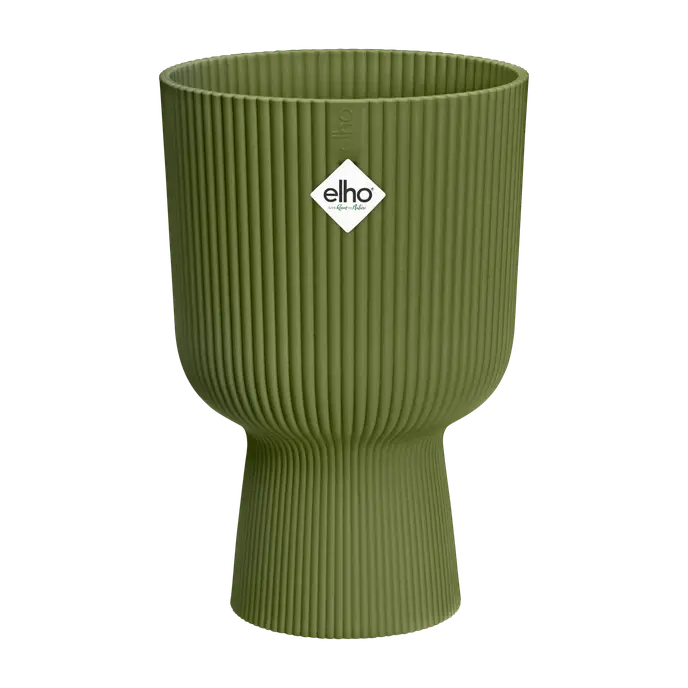Fern green Vibes Fold Coupe planter with vertical ribbed texture and tapered base, front view with logo visible.