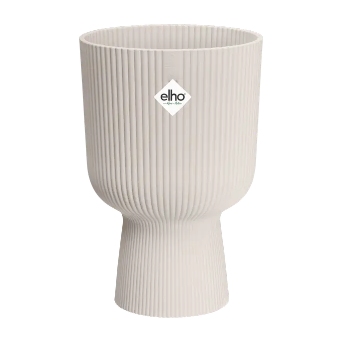 Vibes Fold Coupe Linen White planter with vertical ribbed texture and a pedestal base, front view.