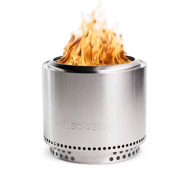 Solo Stove Bonfire 2.0 fire pit with visible flames, stainless steel body, and ventilation holes at the base.