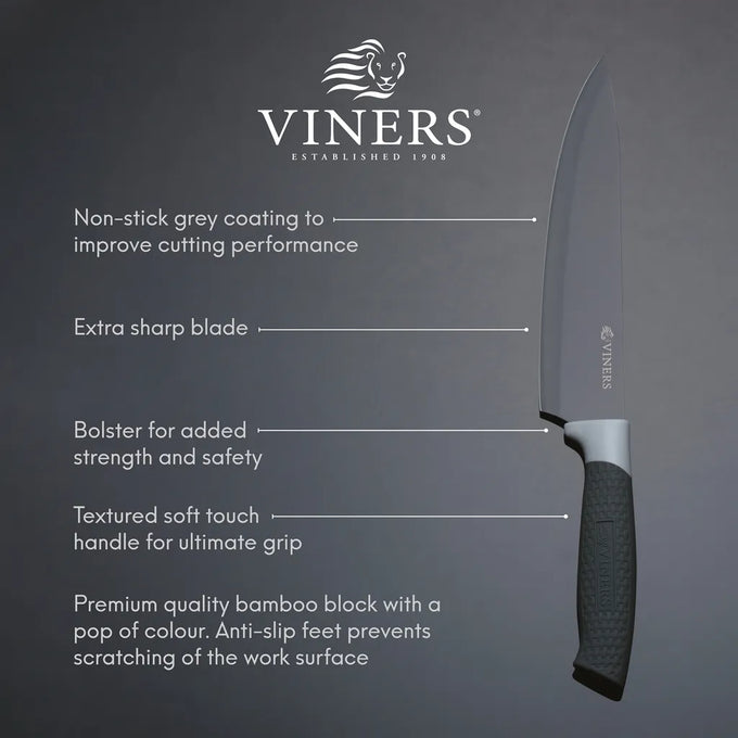 Horizon Grey 6-piece knife block set with stainless steel blades, sleek design – available at Keans Claremorris.