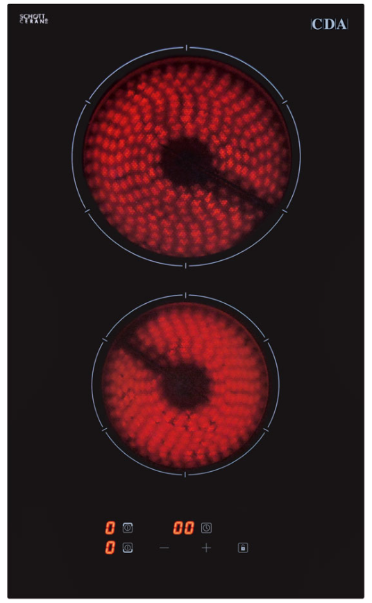 CDA Domino Two Zone Ceramic Hob with two glowing red heating zones and touch control panel on black glass surface.