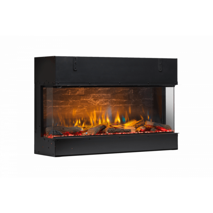 Dimplex Vivente 100 built-in electric fireplace with 3D Optiflame flames and glowing logs in a black frame.