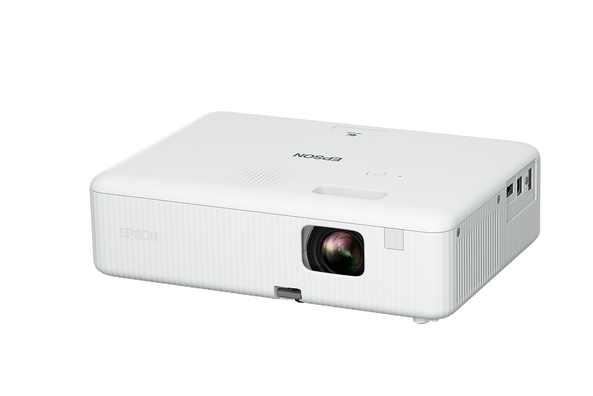 White Epson 3000 Lumens 1080p projector angled to show lens and side ports.