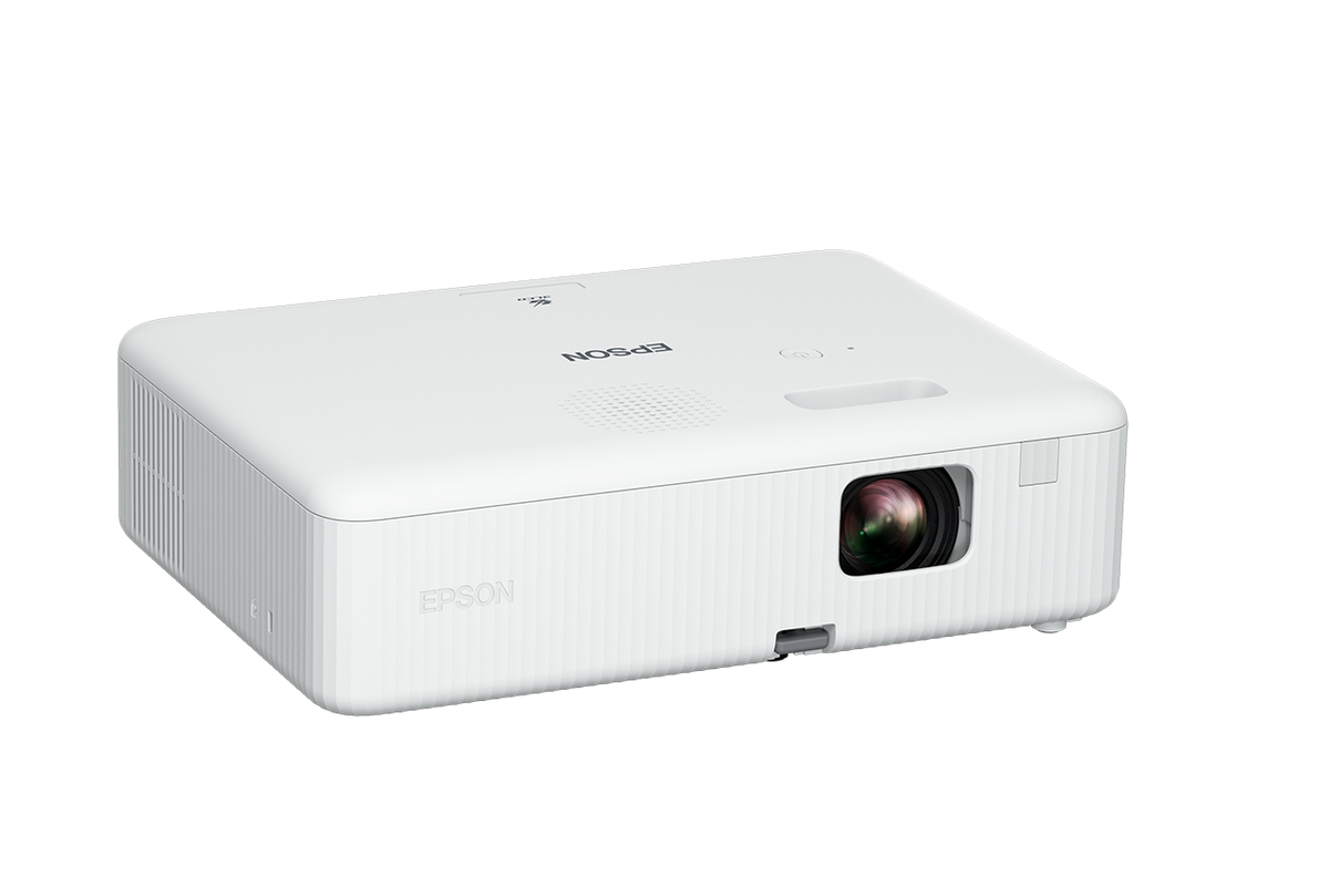 White Epson 3000 Lumens 1080p projector shown from front-left angle with visible lens and ventilation.