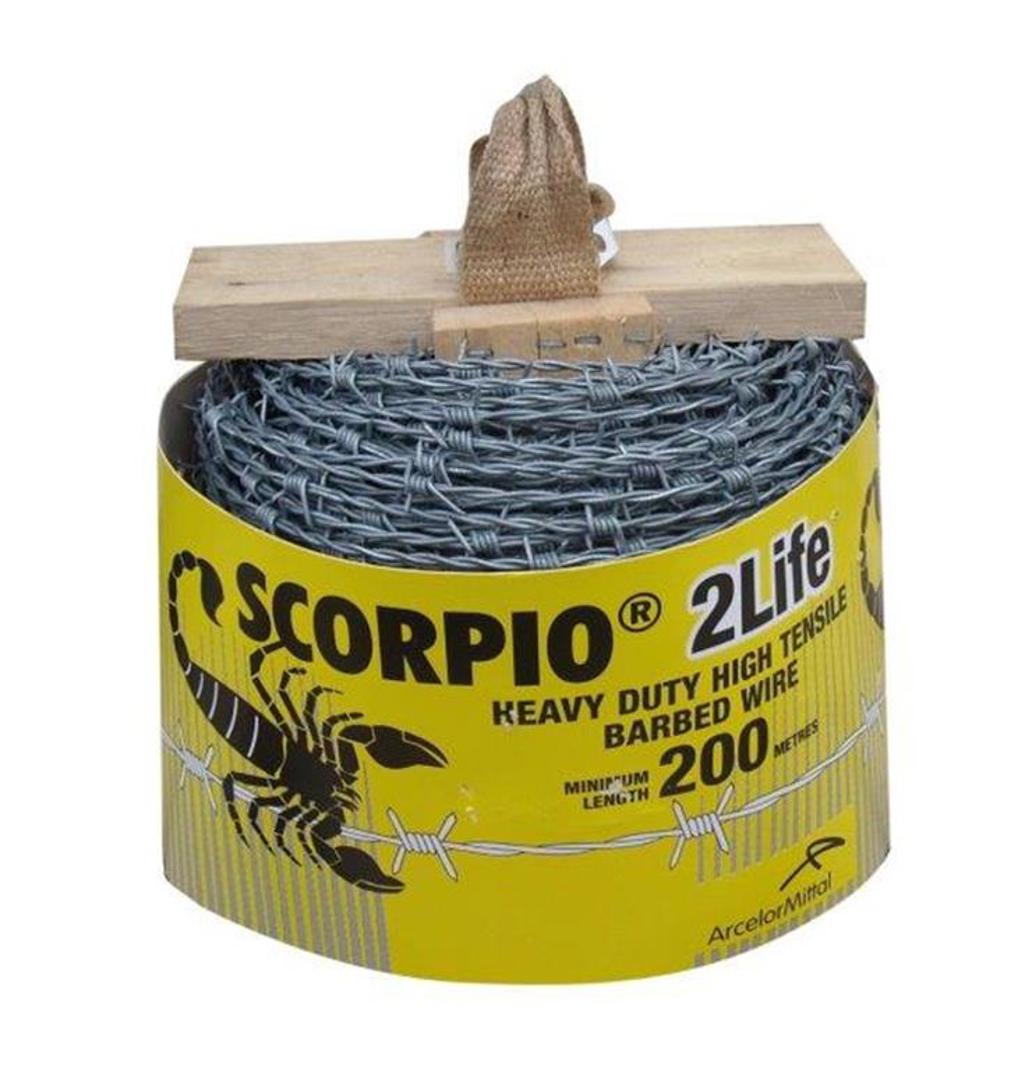 Roll of Scorpio 2.00mm heavy duty high tensile barbed wire with yellow branded packaging and wooden handle.