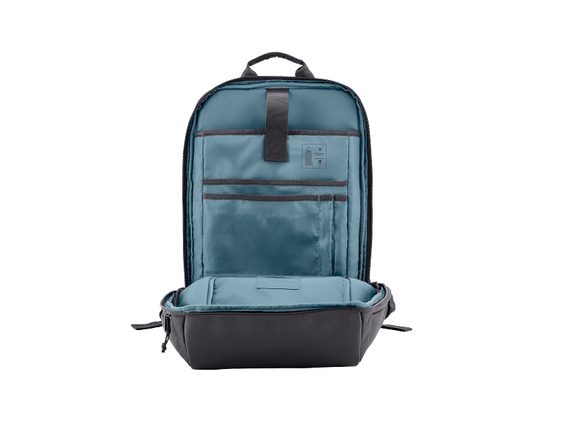 HP 18L 15.6" Laptop Backpack open to show padded laptop compartment and interior organizer pockets in blue lining.