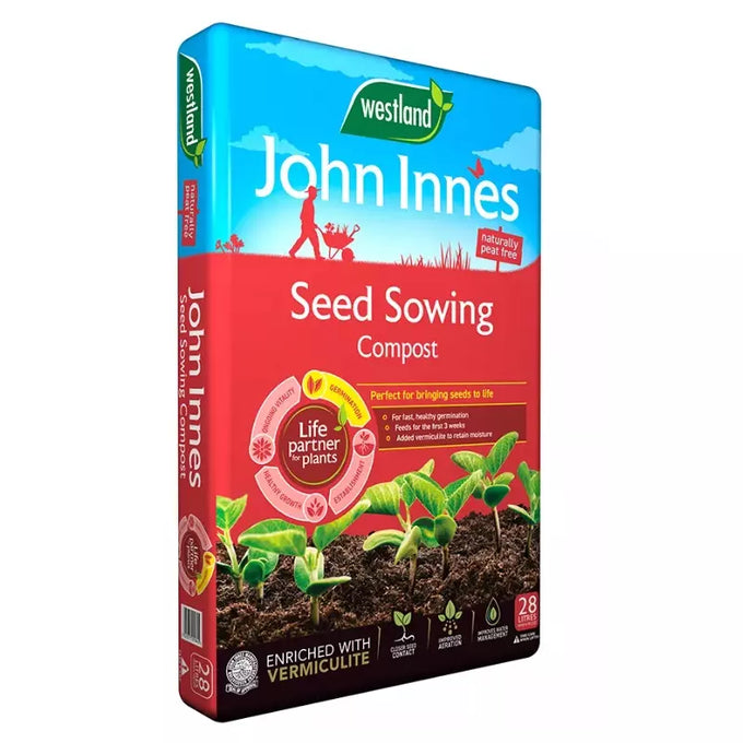 John Innes Peat Free Seed Sowing Compost 28L with vermiculite for fast, healthy germination – available at Keans Claremorris