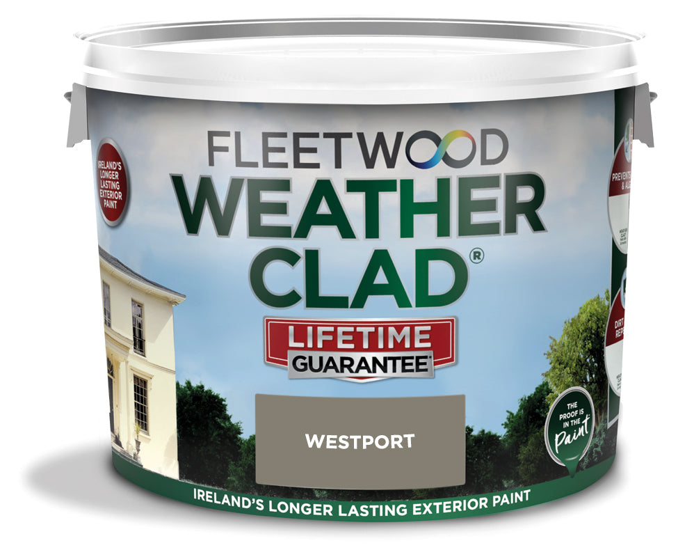 Fleetwood Weatherclad Masonry Paint 10L for exterior walls, durable weather-resistant finish – available at Keans Claremorris