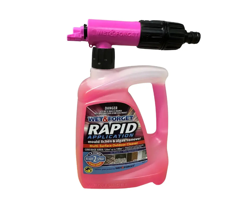 Wet & Forget Rapid Application mould, lichen & algae remover 1.4L with pink hose attachment spray bottle.