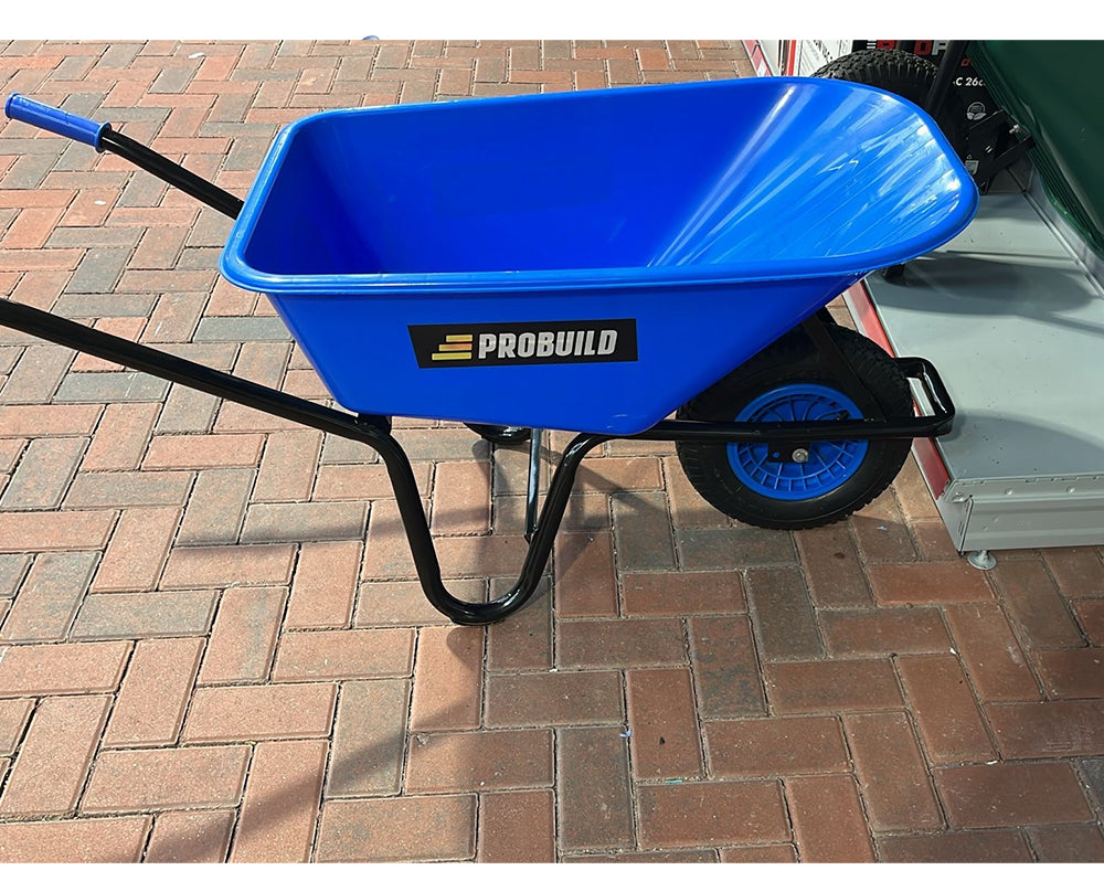 Blue 100L PVC garden wheelbarrow with 3.5mm polypropylene tray, steel frame, 150kg capacity, pre-assembled – Keans
