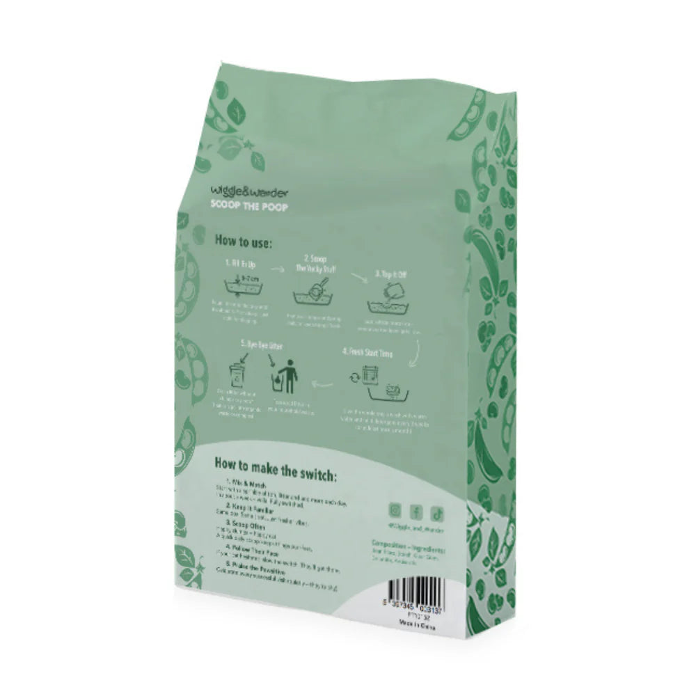 Back view of Wiggle & Wander Tofu Cat Litter 2.5Kg packaging showing usage instructions and ingredients.