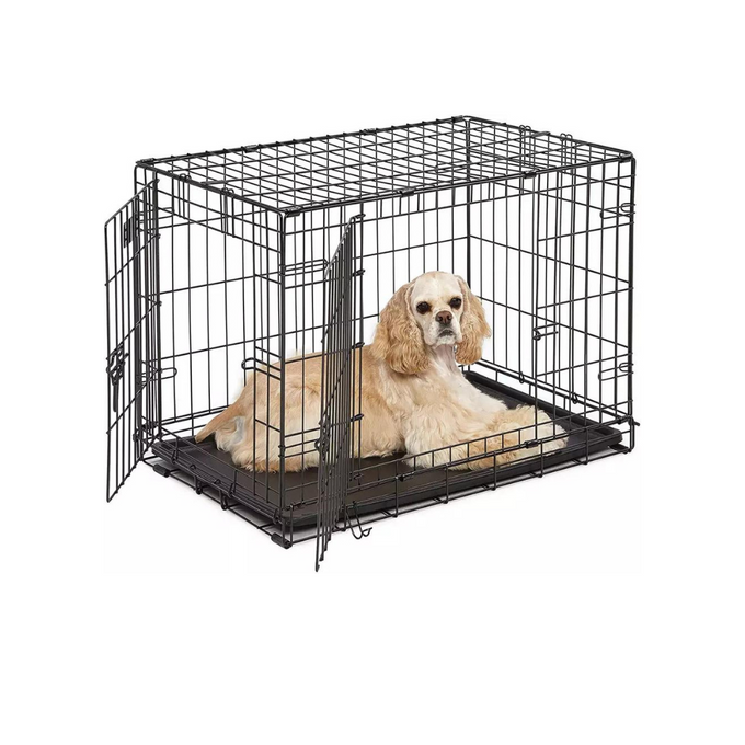 Wire Dog Crate Giant with two doors, pull-out tray, safety corners, black coated metal, collapsible design – Keans