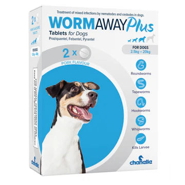 Worm Away Plus pork-flavored dog dewormer tablets, treats roundworms, tapeworms, hookworms, 2 tablets - Keans Claremorris