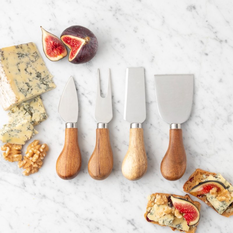 4 Piece Acacia Cheese Knife & Board Set with wooden handles, displayed with cheese, figs, walnuts, and crackers on marble