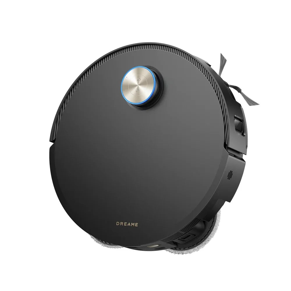 Dreame X60 Pro Ultra robot vacuum in black, top view showing circular design and control knob with blue ring.