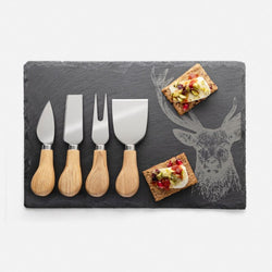 4 Piece Oak Handle Cheese Knife Stag Slate Board