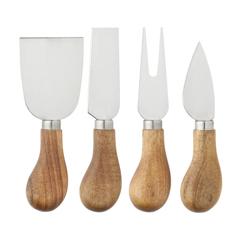 4 piece acacia cheese knife set with stainless steel blades and rounded wooden handles on white background