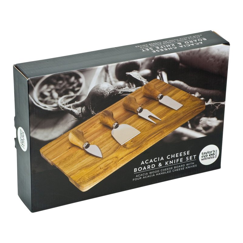 4 piece acacia cheese knife and board set in packaging showing wooden board and four cheese knives with wooden handles