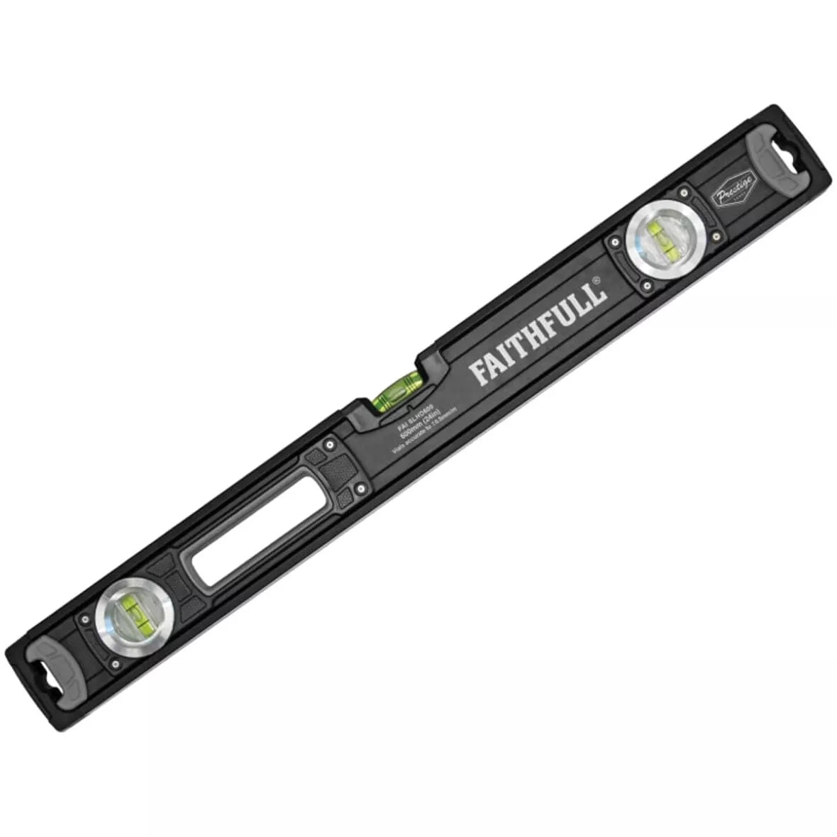 Faithfull Prestige 600mm professional spirit level with heavy-duty aluminium frame, 3 high-accuracy vials, 10-year